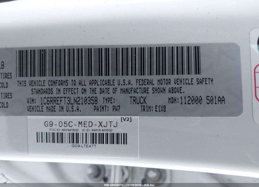 2020 RAM 1500 VIN: 1C6RREFT3LN210358