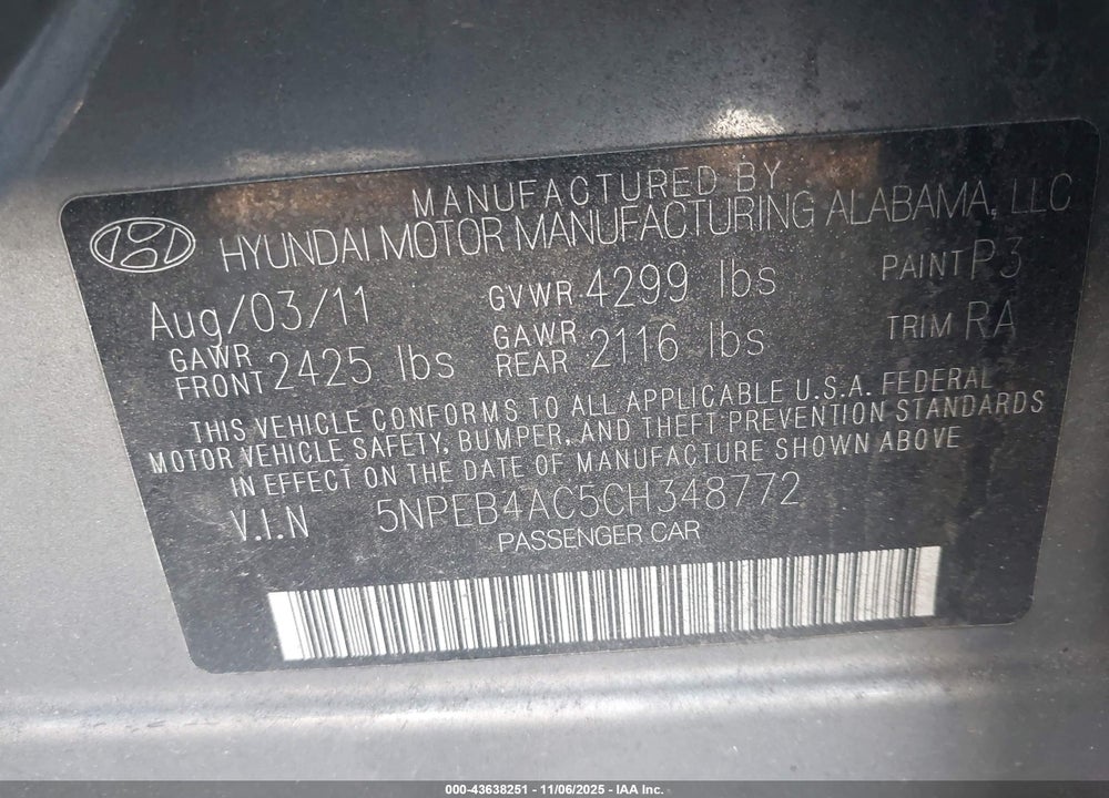 2012 HYUNDAI SONATA GLS VIN: 5NPEB4AC5CH348772