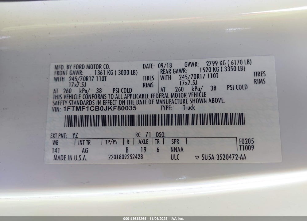 2018 FORD F-150 XL VIN: 1FTMF1CB0JKF80035