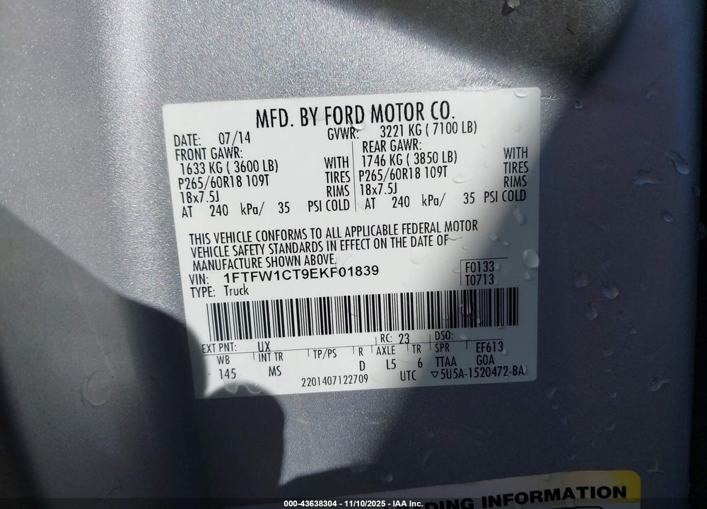 2014 FORD F-150 XLT VIN: 1FTFW1CT9EKF01839