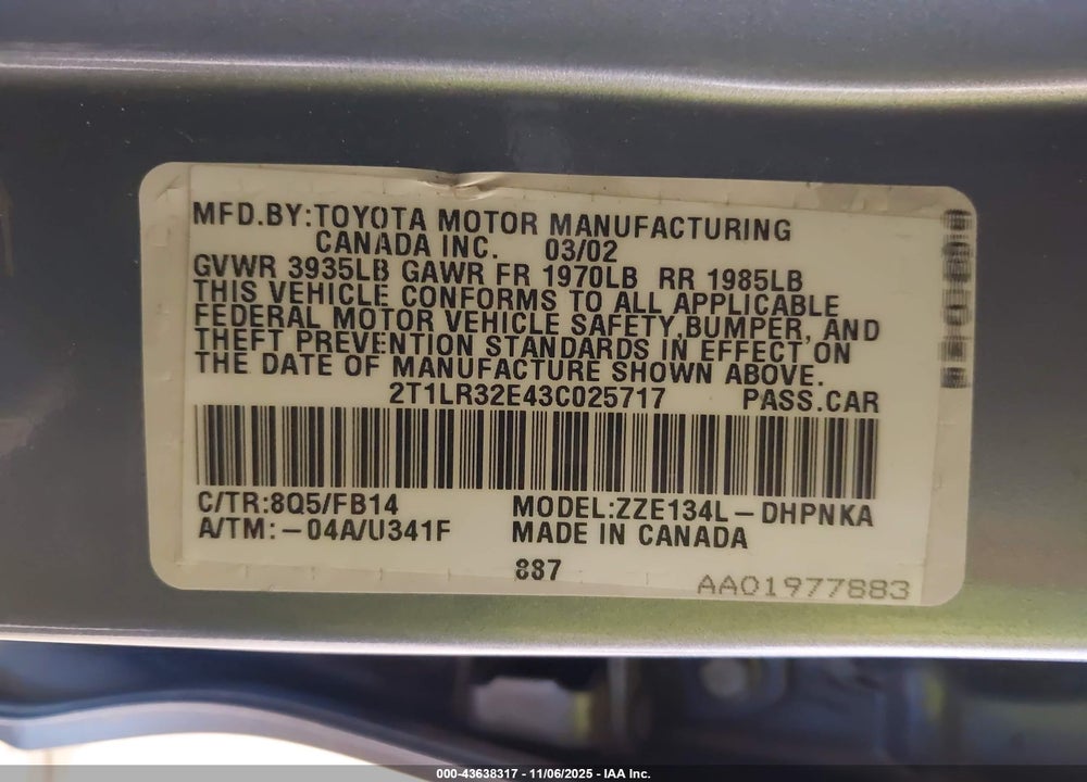 2003 TOYOTA MATRIX/XR VIN: 2T1LR32E43C025717