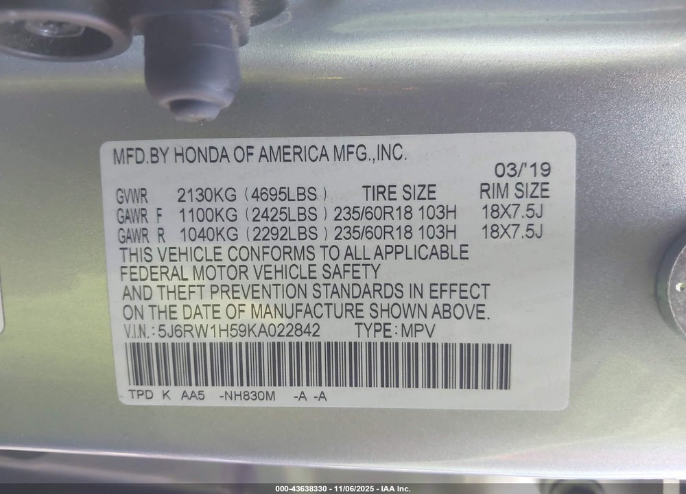 2019 HONDA CR-V EX VIN: 5J6RW1H59KA022842
