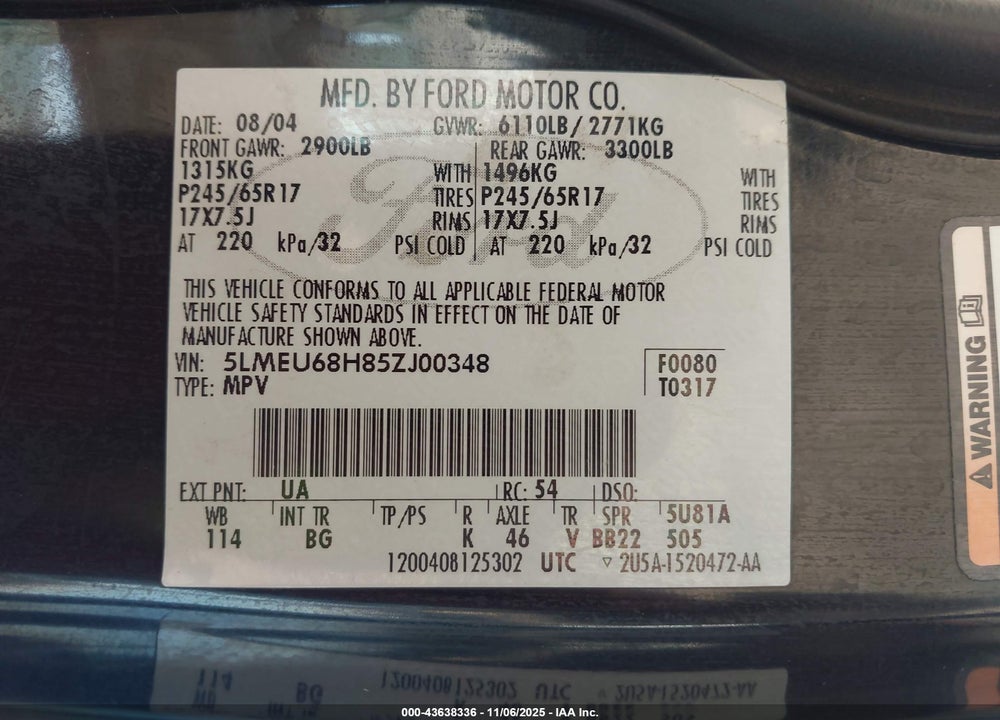 2005 LINCOLN AVIATOR VIN: 5LMEU68H85ZJ00348