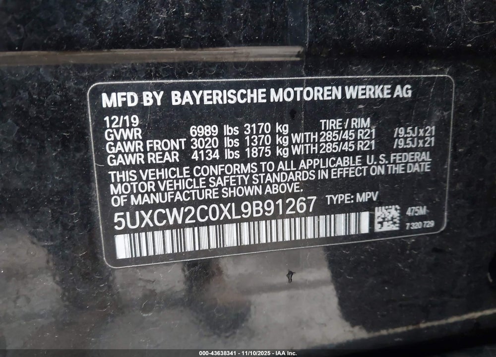 2020 BMW X7 XDRIVE40I VIN: 5UXCW2C0XL9B91267