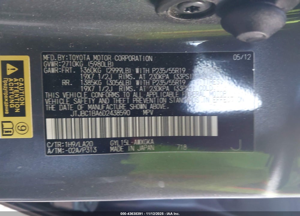 2013 LEXUS RX 450H VIN: JTJBC1BA6D2438590