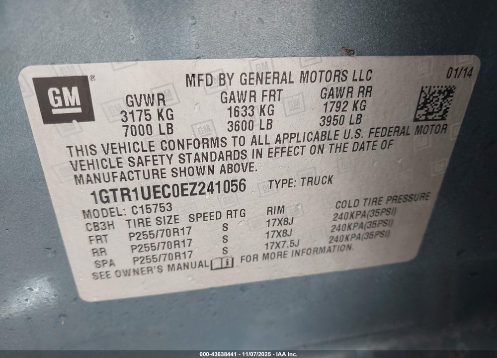 2014 GMC SIERRA 1500 VIN: 1GTR1UEC0EZ241056