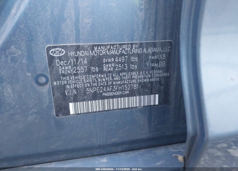 2015 HYUNDAI SONATA SE VIN: 5NPE24AF3FH152781