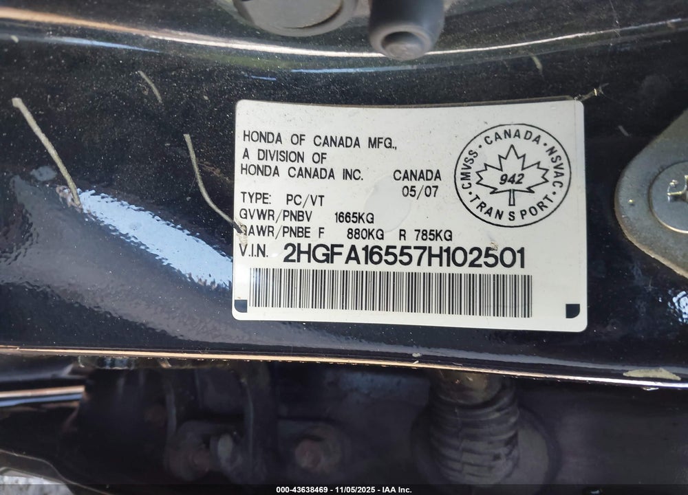 2007 HONDA CIVIC VIN: 2HGFA16557H102501