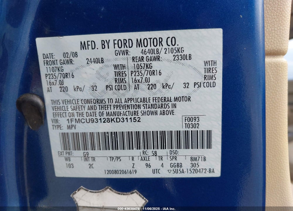 2008 FORD ESCAPE VIN: 1FMCU93128KD31152