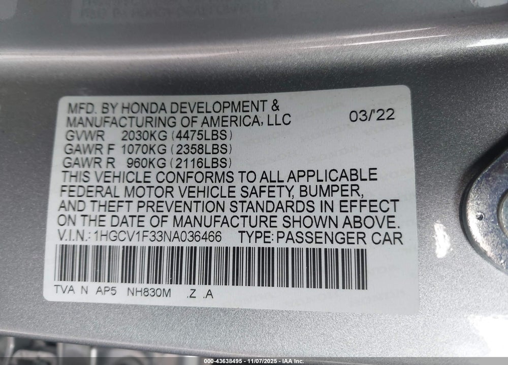 2022 HONDA ACCORD SPORT VIN: 1HGCV1F33NA036466