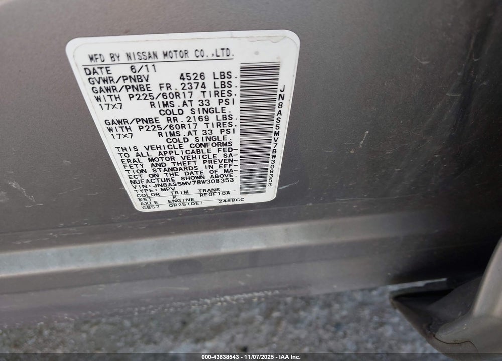 2011 NISSAN ROGUE SV VIN: JN8AS5MV7BW308353