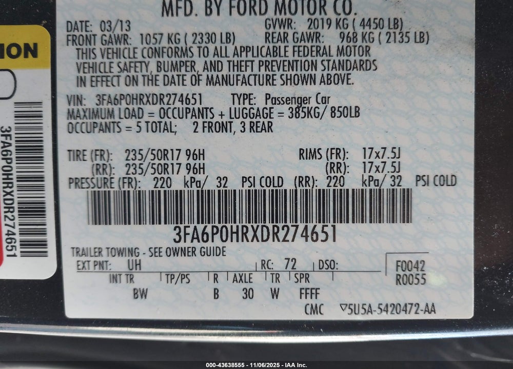 2013 FORD FUSION VIN: 3FA6P0HRXDR274651