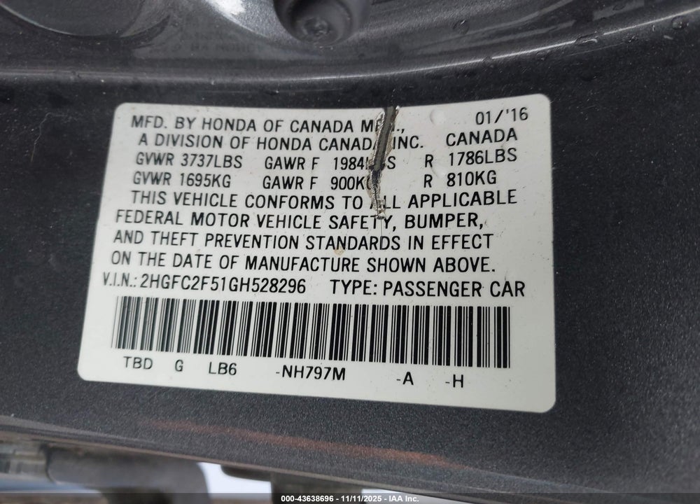 2016 HONDA CIVIC VIN: 2HGFC2F51GH528296