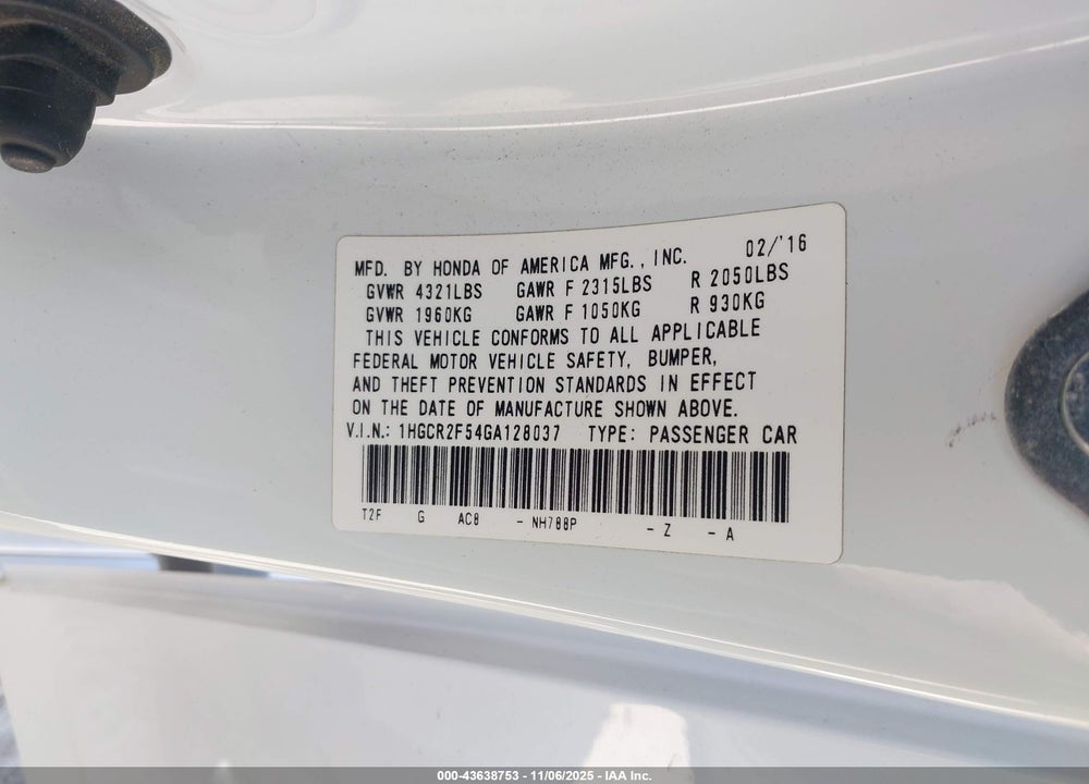 2016 HONDA ACCORD SPORT VIN: 1HGCR2F54GA128037