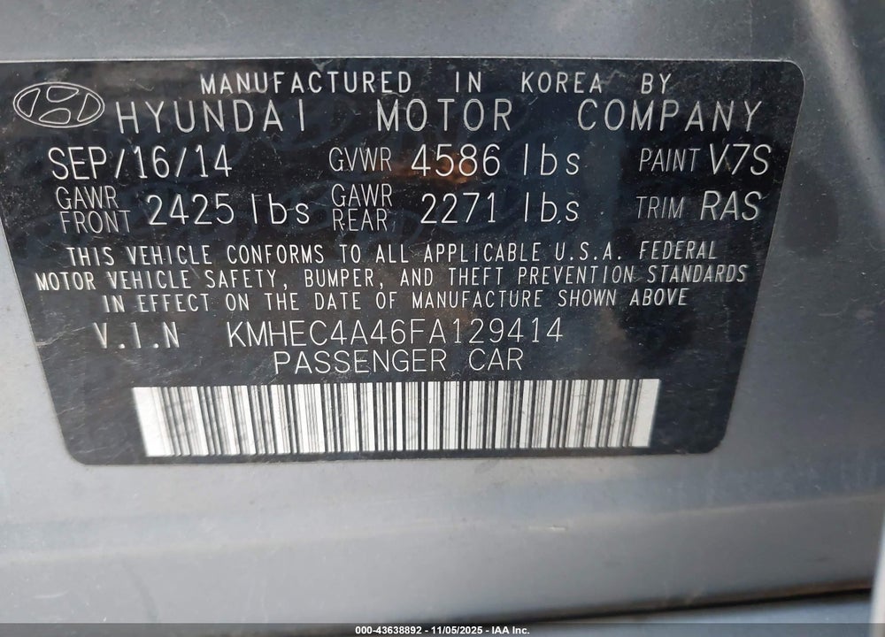 2015 HYUNDAI SONATA VIN: KMHEC4A46FA129414