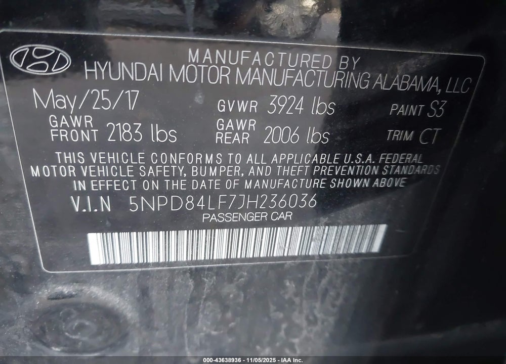 2018 HYUNDAI ELANTRA SEL VIN: 5NPD84LF7JH236036