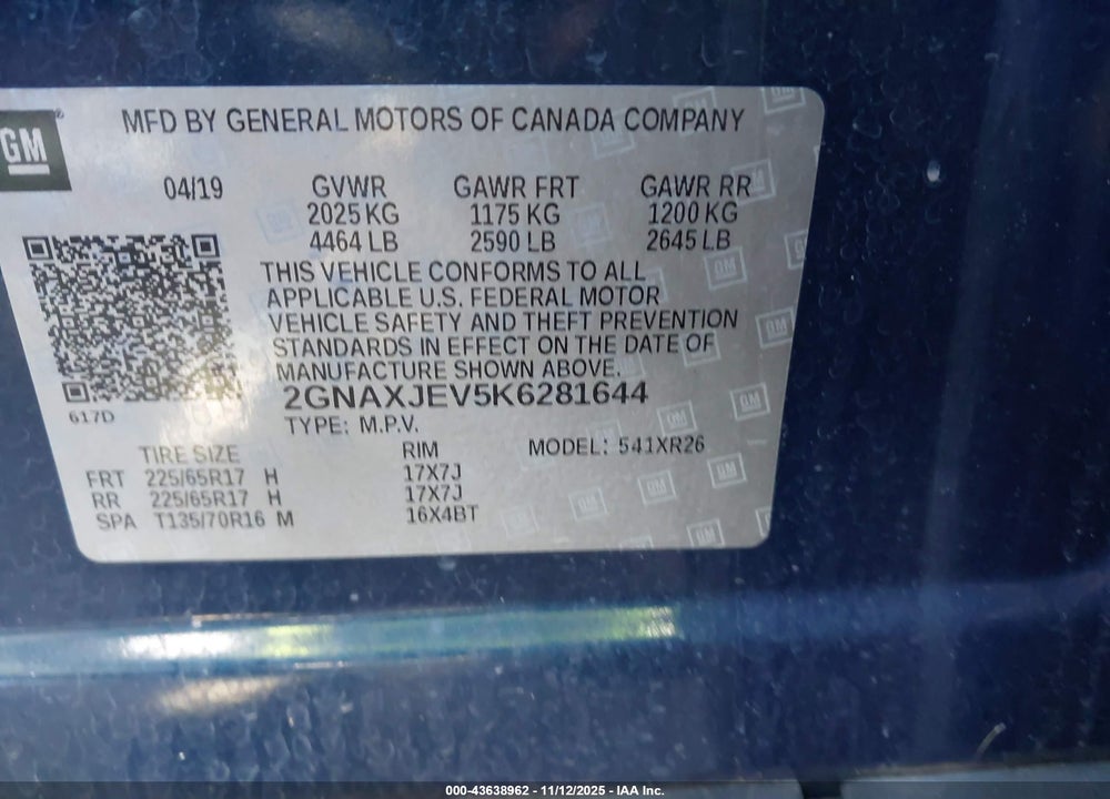 2019 CHEVROLET EQUINOX LT VIN: 2GNAXJEV5K6281644