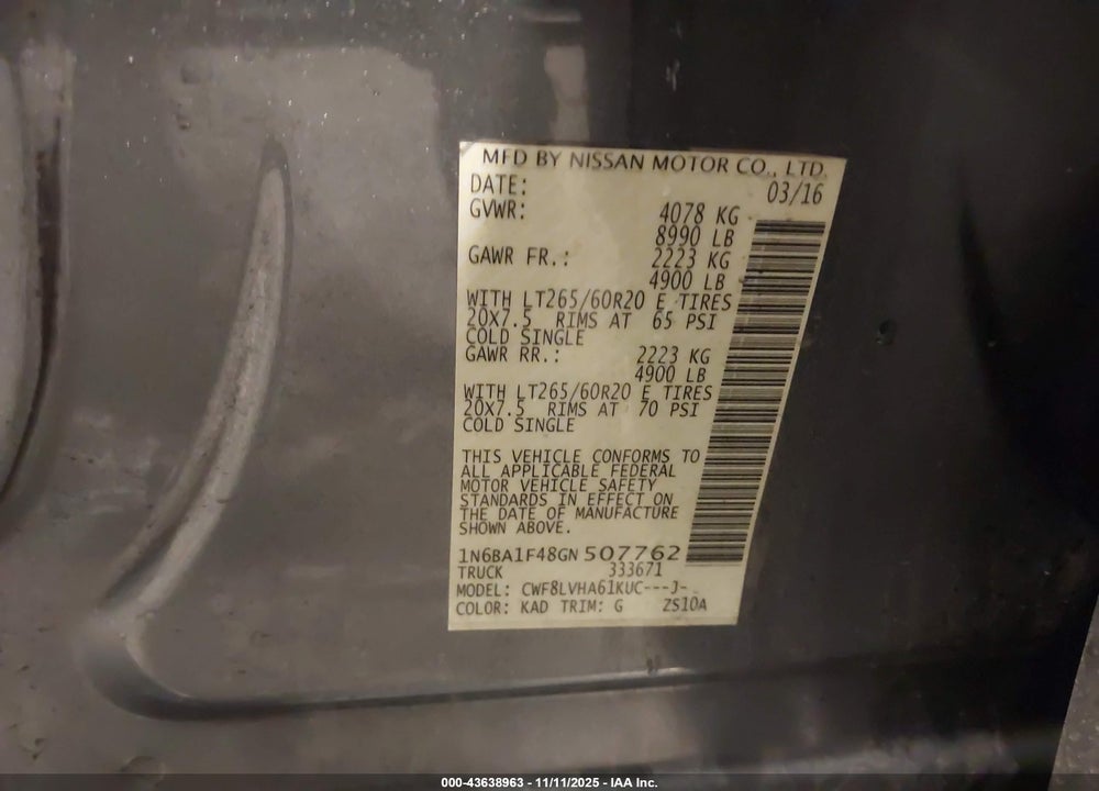 2016 NISSAN TITAN XD SL DIESEL VIN: 1N6BA1F48GN507762