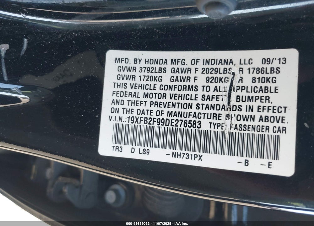 2013 HONDA CIVIC EX-L VIN: 19XFB2F99DE276583