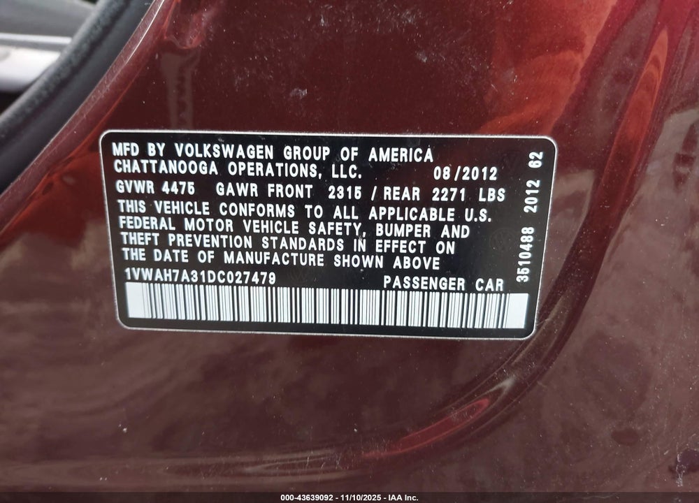 2013 VOLKSWAGEN PASSAT VIN: 1VWAH7A31DC027479