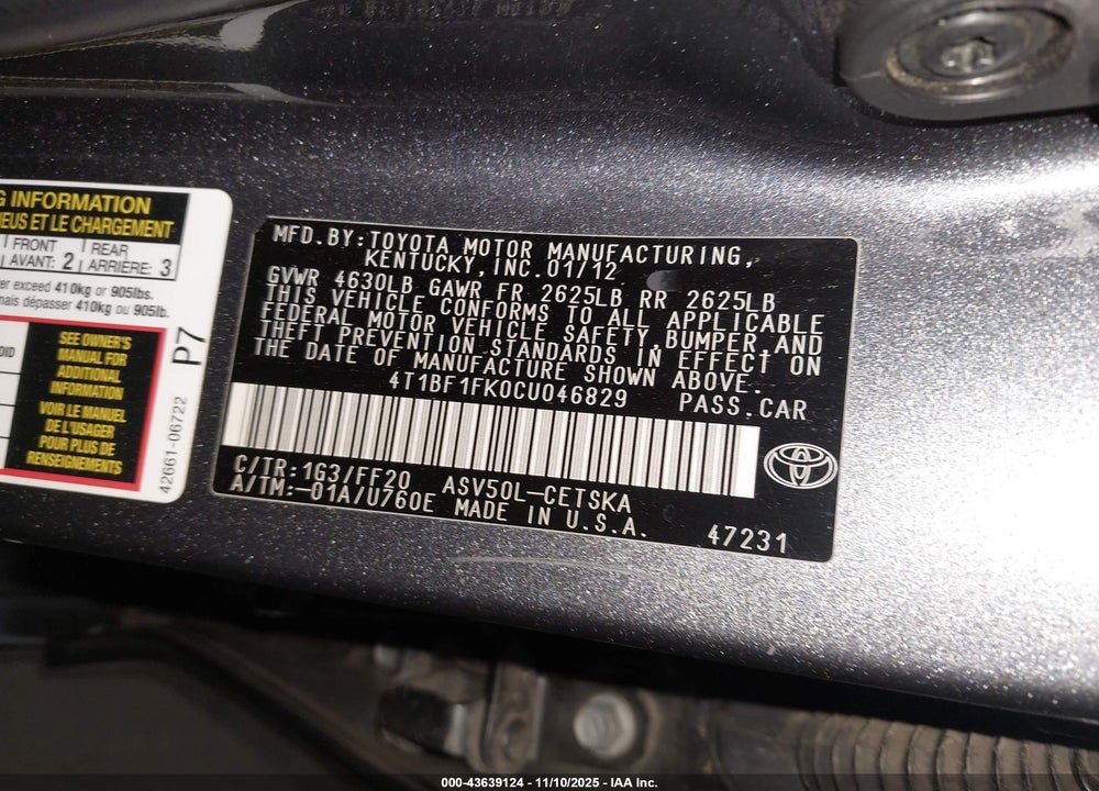 2012 TOYOTA CAMRY SE VIN: 4T1BF1FK0CU046829