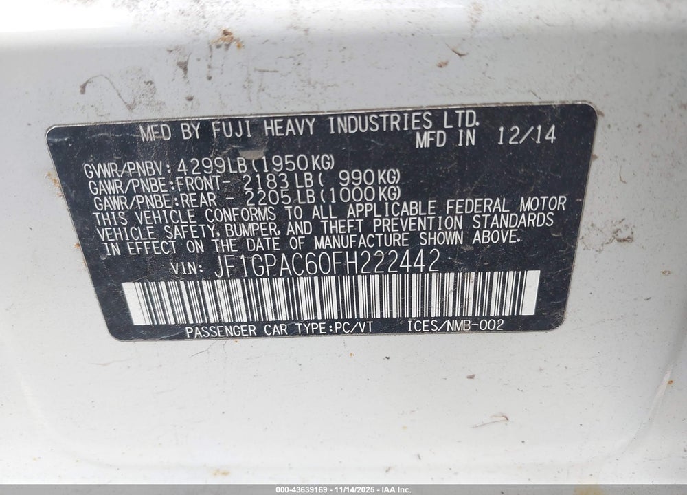 2015 SUBARU IMPREZA VIN: JF1GPAC60FH222442
