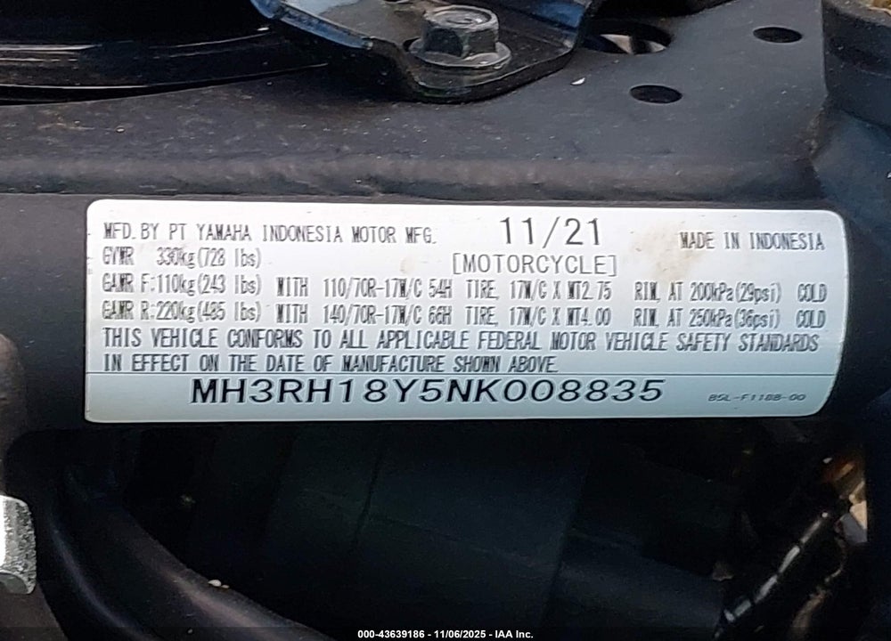 2022 YAMAHA YZFR3 A VIN: MH3RH18Y5NK008835