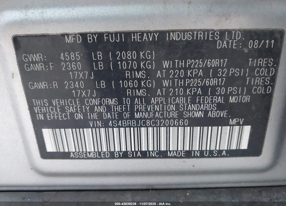 2012 SUBARU OUTBACK 2.5I LIMITED VIN: 4S4BRBJC8C3200660