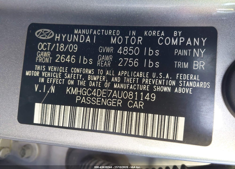2010 HYUNDAI GENESIS VIN: KMHGC4DE7AU081149