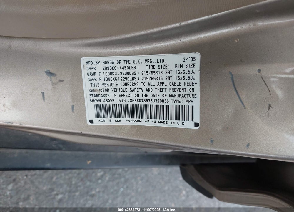 2005 HONDA CR-V SE VIN: SHSRD78975U329836