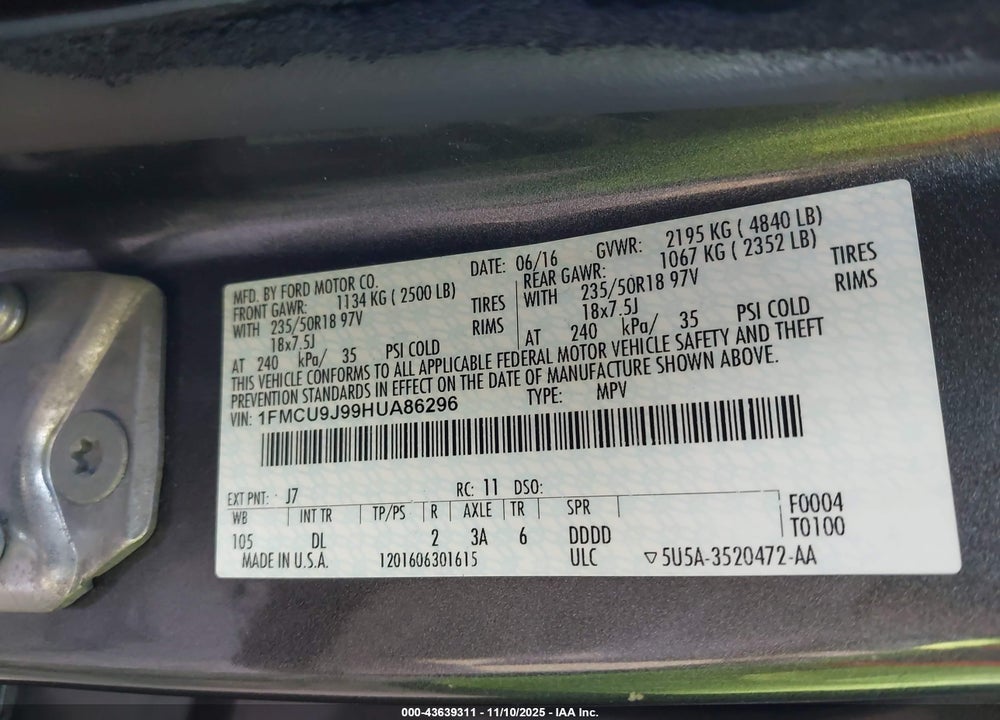 2017 FORD ESCAPE TITANIUM VIN: 1FMCU9J99HUA86296