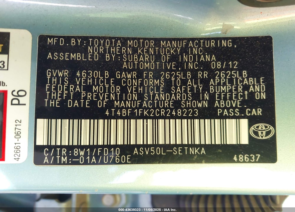 2012 TOYOTA CAMRY LE VIN: 4T4BF1FK2CR248223