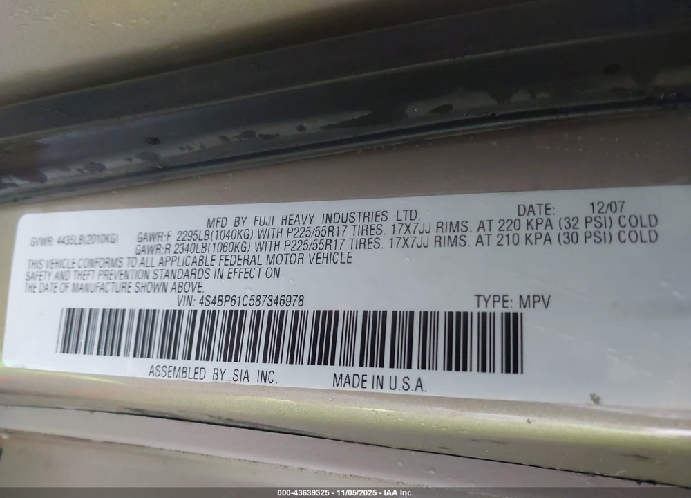 2008 SUBARU OUTBACK 2.5I/2.5I L.L. BEAN EDITION VIN: 4S4BP61C587346978
