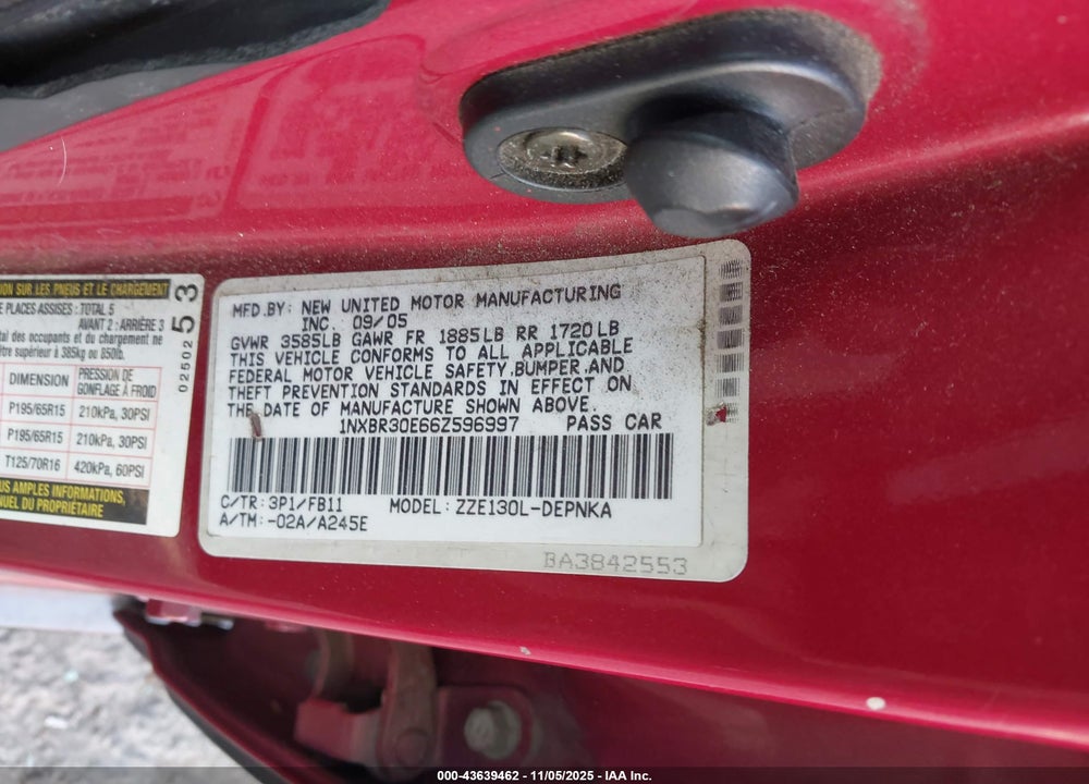 2006 TOYOTA COROLLA LE VIN: 1NXBR30E66Z596997
