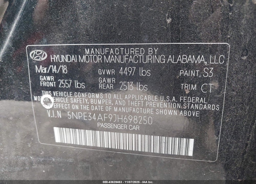 2018 HYUNDAI SONATA VIN: 5NPE34AF9JH698250