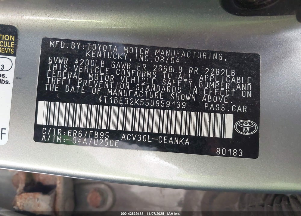 2005 TOYOTA CAMRY LE VIN: 4T1BE32K55U959139