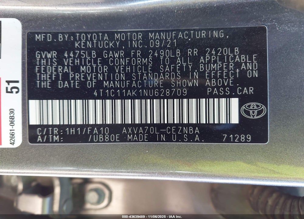 2022 TOYOTA CAMRY LE VIN: 4T1C11AK1NU628709