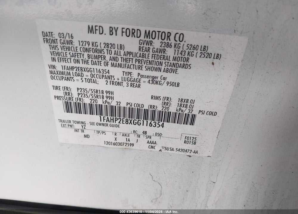 2016 FORD TAURUS SEL VIN: 1FAHP2E8XGG116354