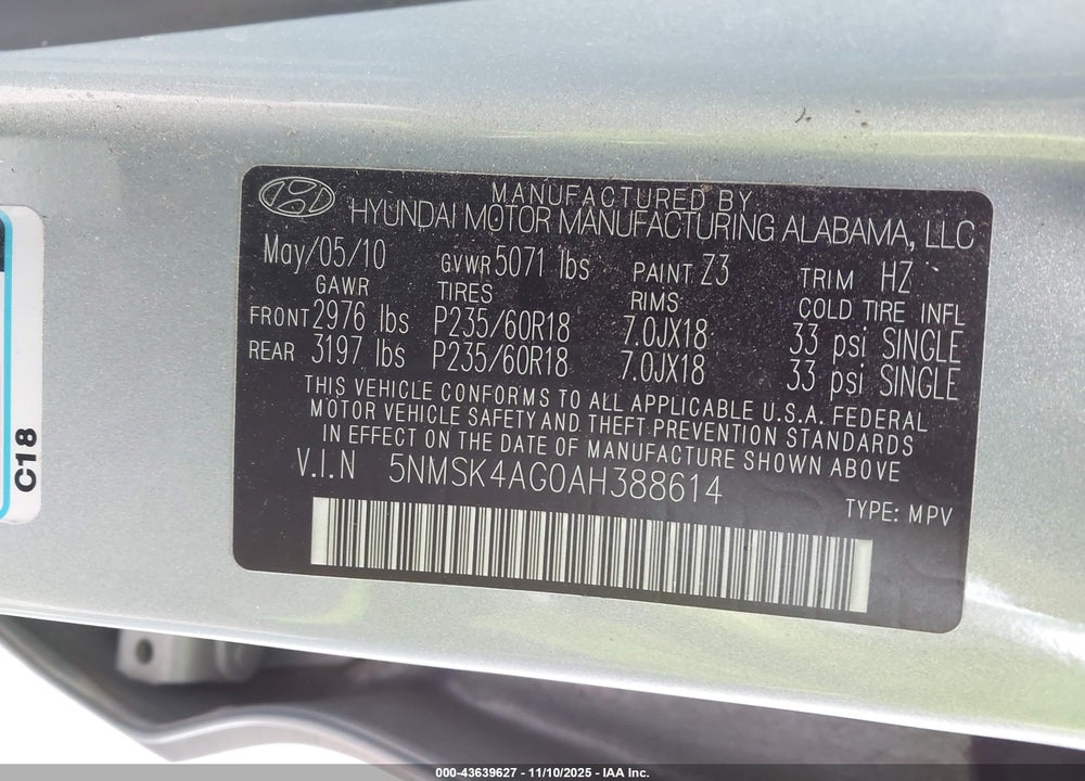 2010 HYUNDAI SANTA FE VIN: 5NMSK4AG0AH388614
