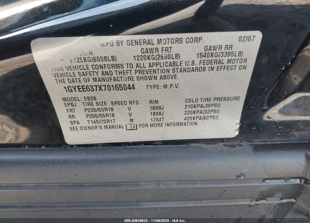2007 CADILLAC SRX V6 VIN: 1GYEE637X70165044