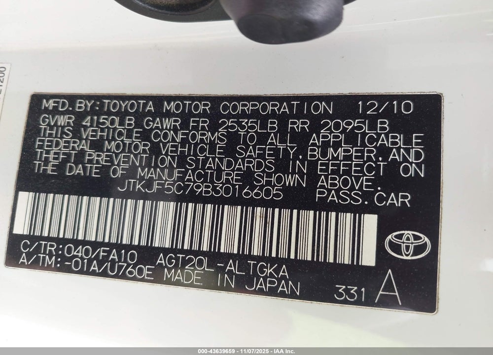 2011 SCION TC VIN: JTKJF5C79B3016605