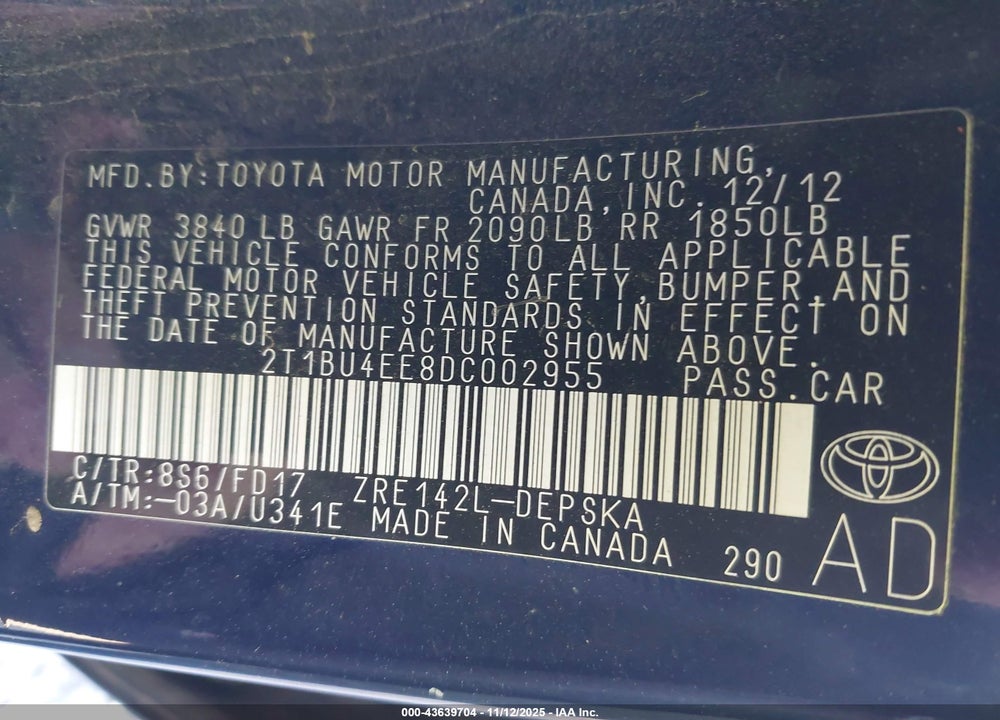 2013 TOYOTA COROLLA S VIN: 2T1BU4EE8DC002955