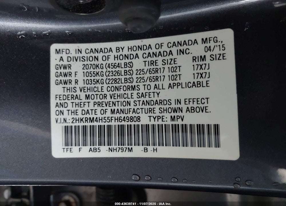 2015 HONDA CR-V EX VIN: 2HKRM4H55FH649808