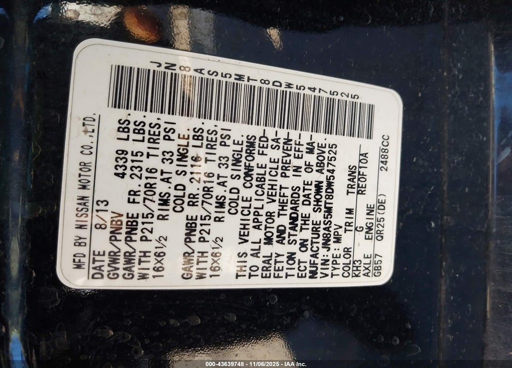 2013 NISSAN ROGUE S VIN: JN8AS5MT8DW547525