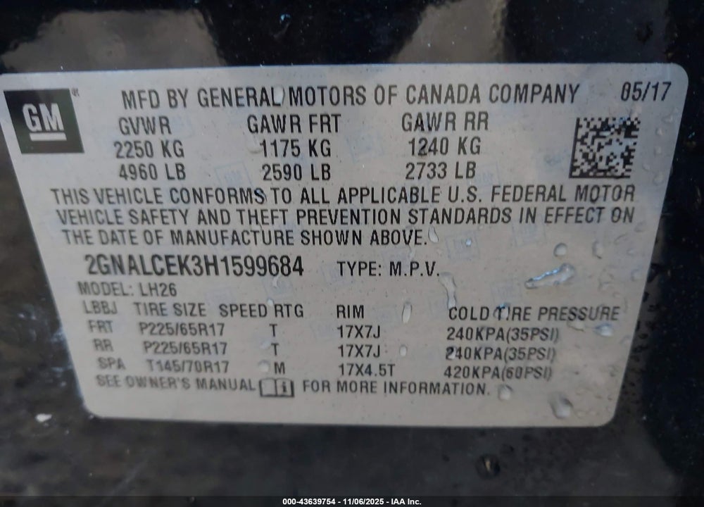 2017 CHEVROLET EQUINOX VIN: 2GNALCEK3H1599684