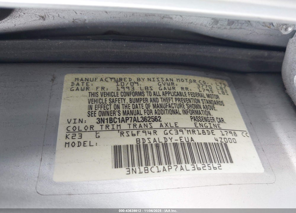 2010 NISSAN VERSA VIN: 3N1BC1AP7AL362562