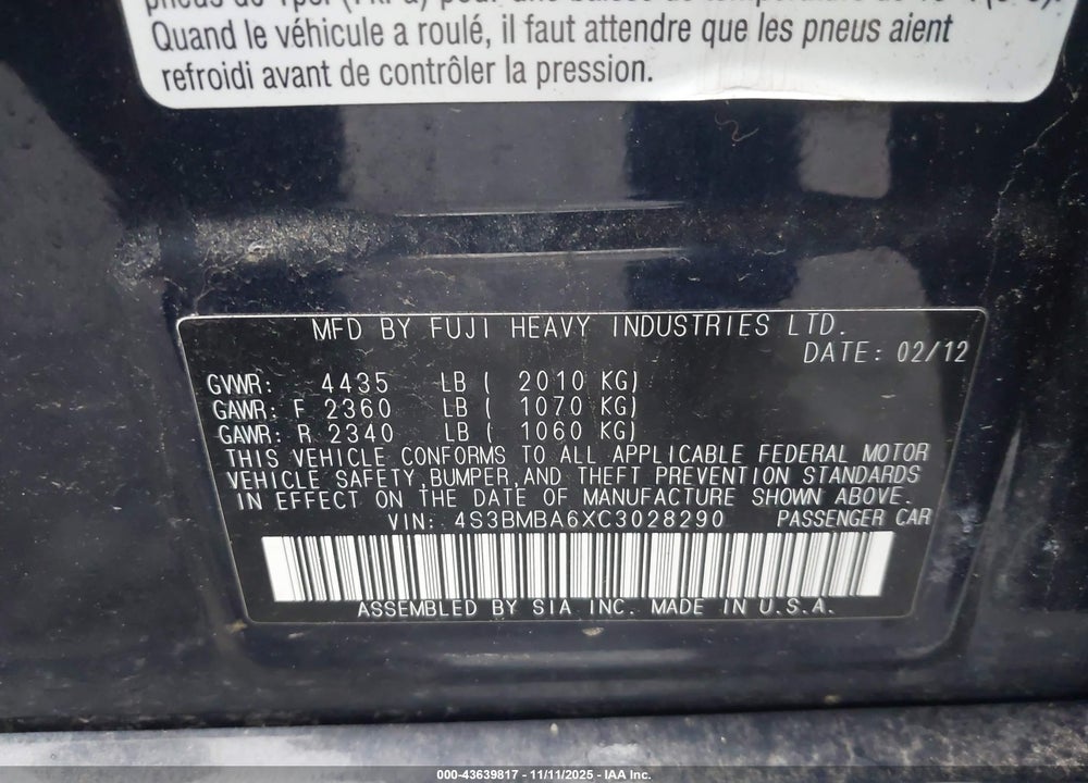 2012 SUBARU LEGACY 2.5I VIN: 4S3BMBA6XC3028290