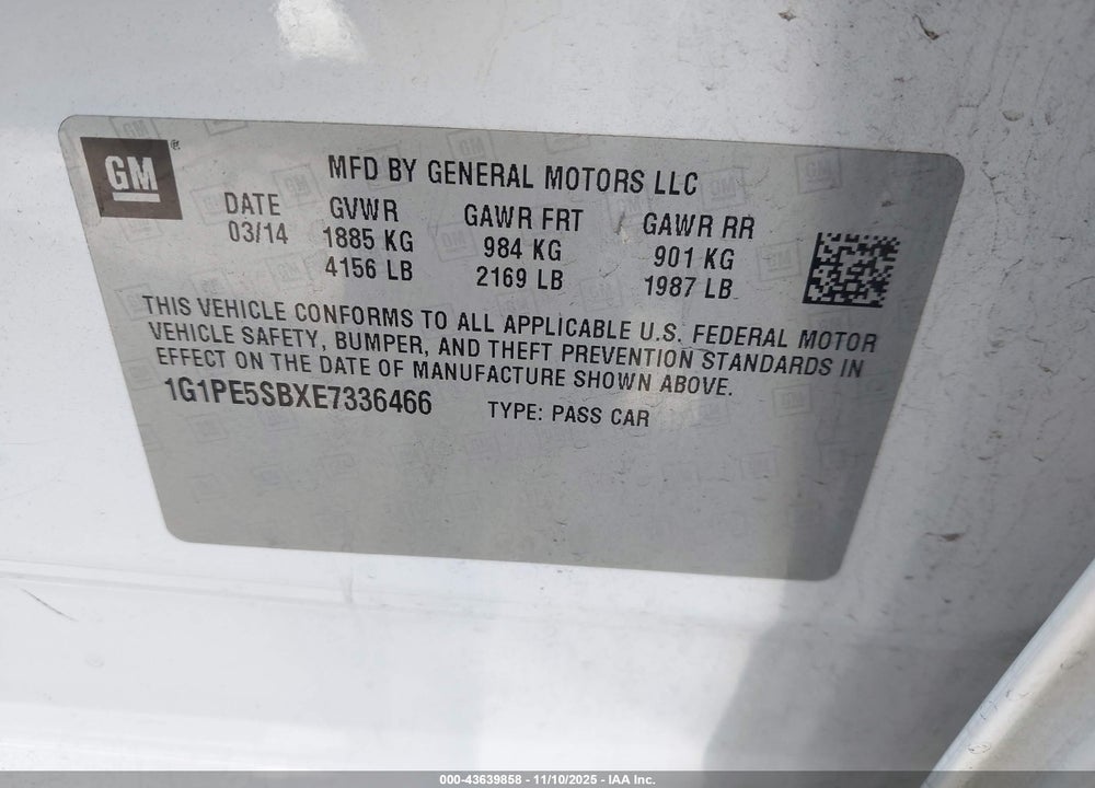 2014 CHEVROLET CRUZE 2LT AUTO VIN: 1G1PE5SBXE7336466