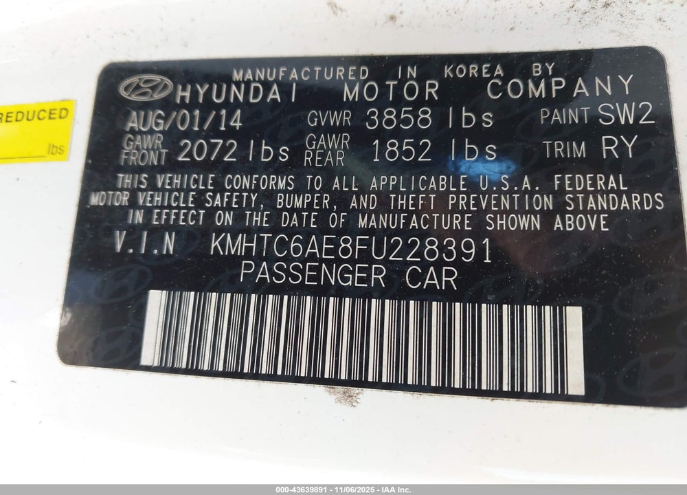 2015 HYUNDAI VELOSTER TURBO VIN: KMHTC6AE8FU228391