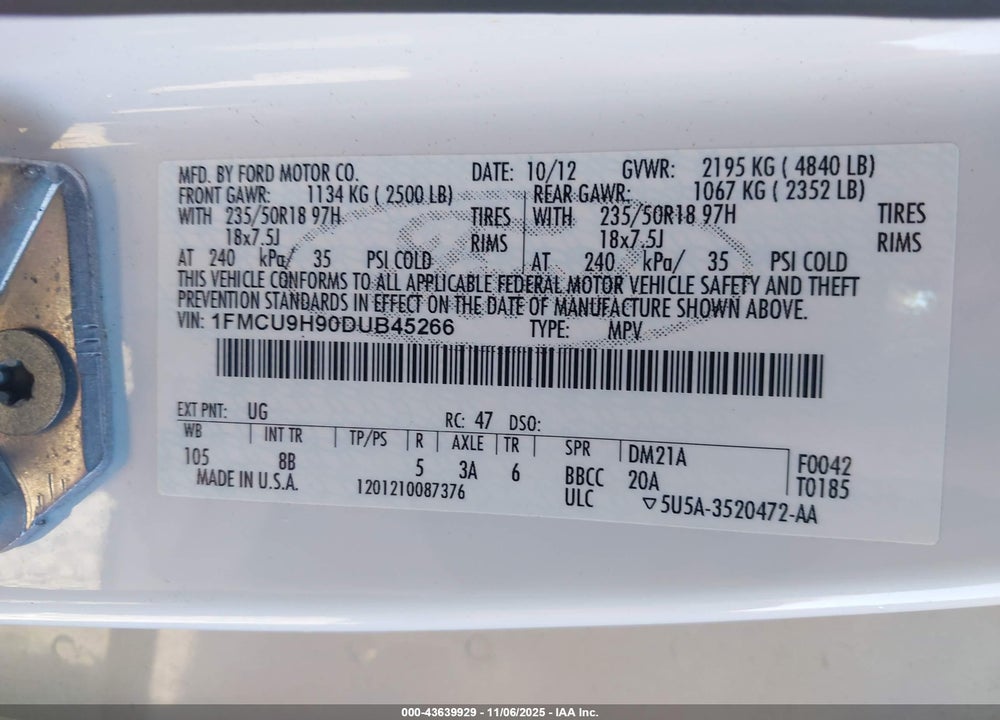 2013 FORD ESCAPE VIN: 1FMCU9H90DUB45266